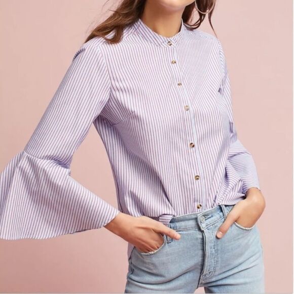 Anthropologie Striped Button Down with Bell Sleeve Shirt Blouse - Picture 1 of 5